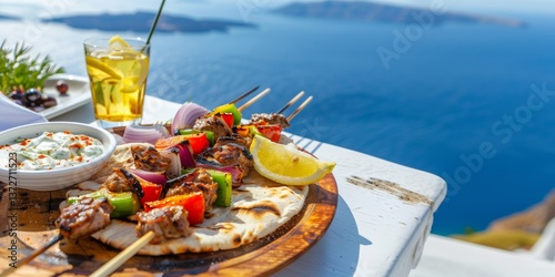 Grilled meat skewers with tzatziki and lemon by Aegean Sea