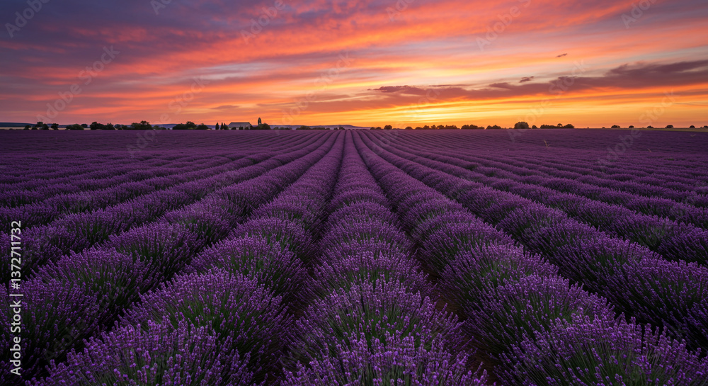 Serene lavender fields bathed in the golden hues of a breathtaking sunset, a tranquil landscape painting. Serene lavender fields bathed in the golden hues of a breathtaking sunset, a tranquil landscape painting.