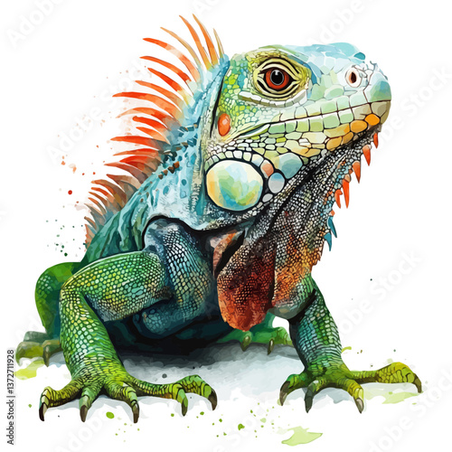 A watercolor vector of an iguana, isolated on a white background. Iguana vector.

