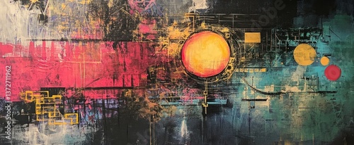 Abstract modern artwork depicting a celestial body surrounded by shapes and color