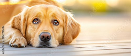 Adorable Golden Retriever Puppy Lying Down with Sad Eyes on Wooden Floor
