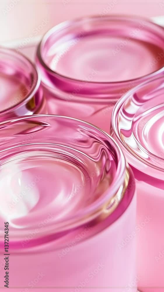 Large pink glass containers arranged creatively on a soft pink background Large pink glass containers arranged creatively on a soft pink background