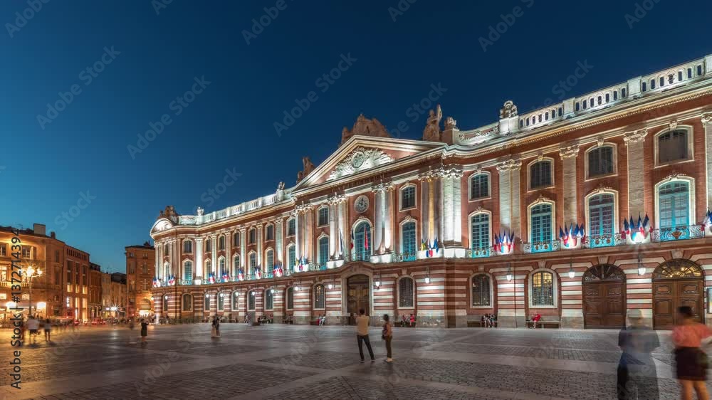 The Capitole de Toulouse day to night transition timelapse hyperlapse showcases the historic city hall and municipal heart of Toulouse, France, located at Place du Capitole under an evening sunset sky The Capitole de Toulouse day to night transition timelapse hyperlapse showcases the historic city hall and municipal heart of Toulouse, France, located at Place du Capitole under an evening sunset sky