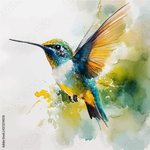 A watercolor vector of a hummingbird, isolated on a white background. Hummingbird vector.

