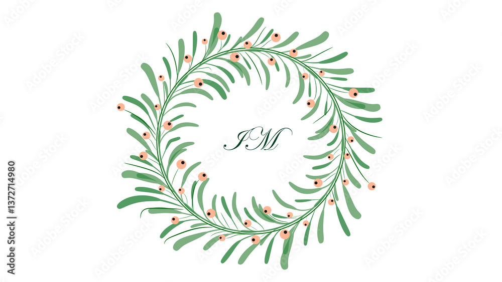 Fototapeta premium Flower drawing on white backgrounds. Floral wreath. Circle with flowers and berries.