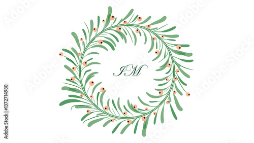 Flower drawing on white backgrounds. Floral wreath. Circle with flowers and berries.