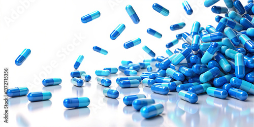 Various blue capsules are scattered over a shiny surface, reflecting light and showcasing their vibrant colors. The scene highlights the importance of medication aesthetics photo