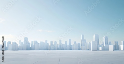 3D render of a minimalistic city skyline made from white cubes, against a clear blue sky, on an empty floor, in a perspective view