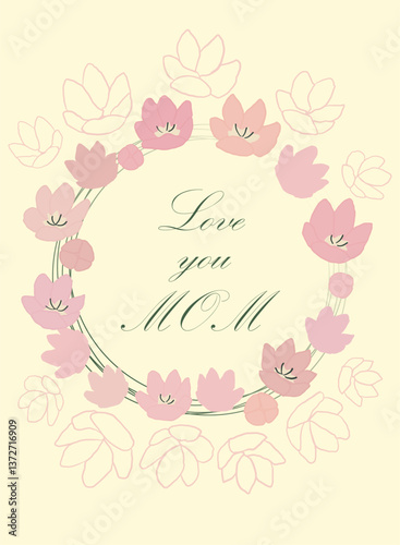 Happy mothers day card. Floral doodle tulips bouquet. Hand drawn illustration