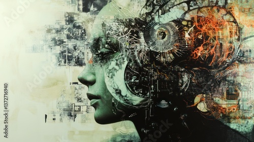 An artistic portrayal of a human head with mechanical components