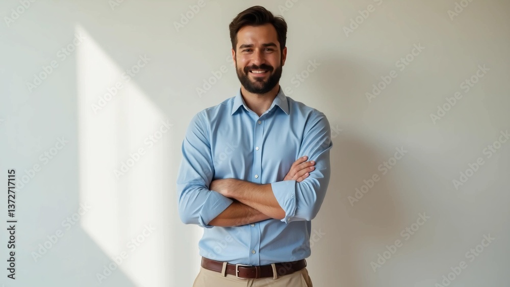 Obraz premium Confident Smiling Businessman in Blue Shirt with Arms Crossed