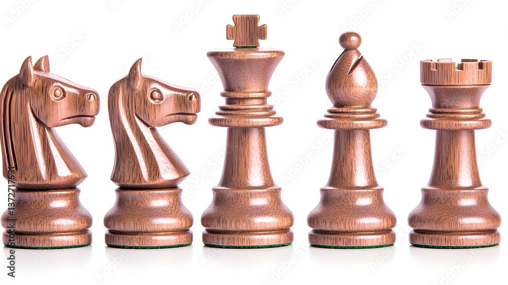 Set of Exquisite Wooden Chess Pieces Including Knight, King, Bishop and Rook on White Background Set of Exquisite Wooden Chess Pieces Including Knight, King, Bishop and Rook on White Background