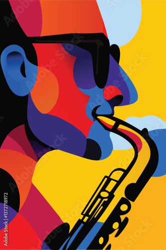 A bold and vibrant abstract illustration of a jazz saxophonist, depicted in a modern geometric and cubist style.