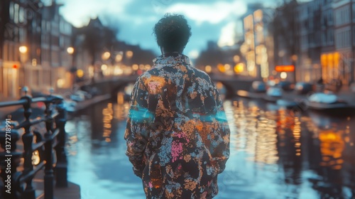 Person stands near canal with buildings and lights in background