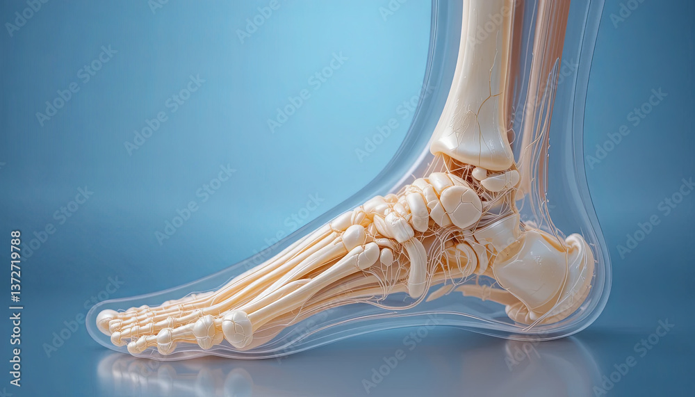A detailed anatomical model displays the complex structure of the human foot, including bones, ligaments, and tendons, set against a blue background for clarity A detailed anatomical model displays the complex structure of the human foot, including bones, ligaments, and tendons, set against a blue background for clarity