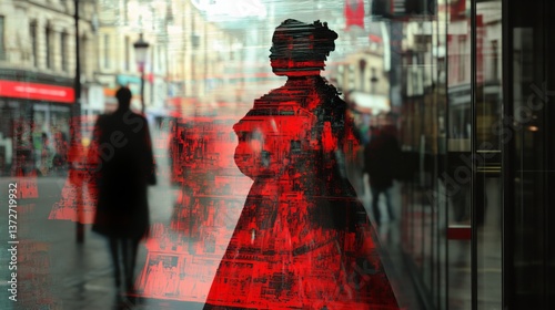 Red dress mannequin in shop window with street reflection and