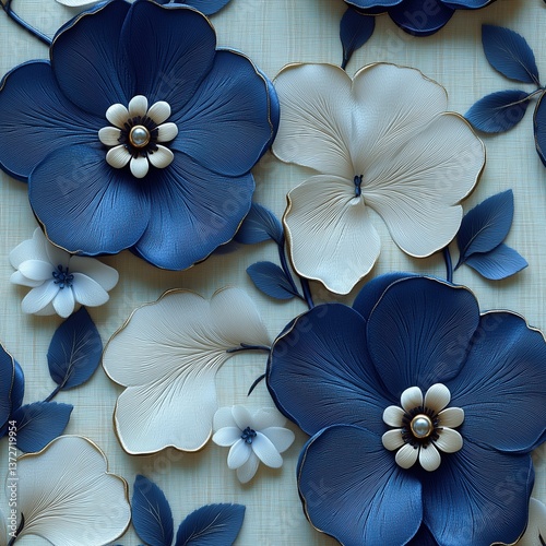 Seamless elegant and stylish 3D pattern with white and dark blue flowers, detailed petals and leaves. Suitable for use in interior design, packaging, wallpaper, fabric and background images.