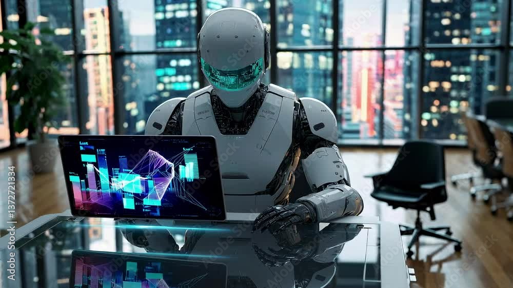 robot humanoïde immobile dans un bureau futuriste analysant un flux de données sur un écran, concept d’intelligence artificielle en traitement et mémoire d’apprentissage