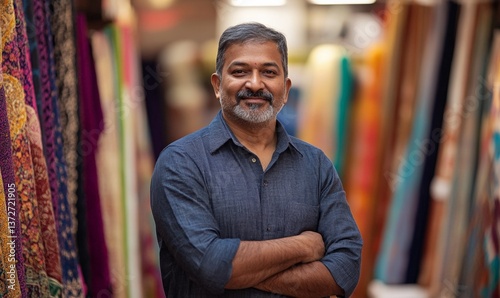 smiling indian man fabric vendor standing with arms crossed in textile shop. small business owner from india in marketplace selling colorful fabrics for clothing material. photo