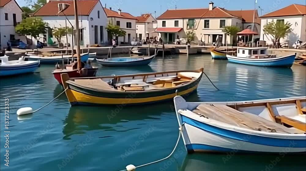 Quiet Fishing Village Nestled by the Ocean with Boats Floating in the Harbor Quiet Fishing Village Nestled by the Ocean with Boats Floating in the Harbor