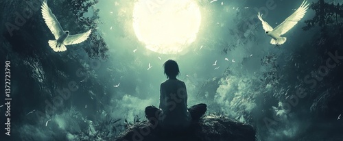 A person meditates beneath a celestial sphere with white birds flying