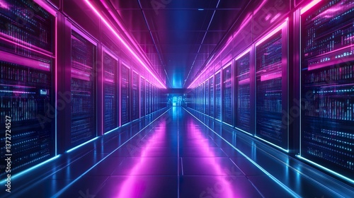 Futuristic data center corridor with vibrant neon lighting and server racks
