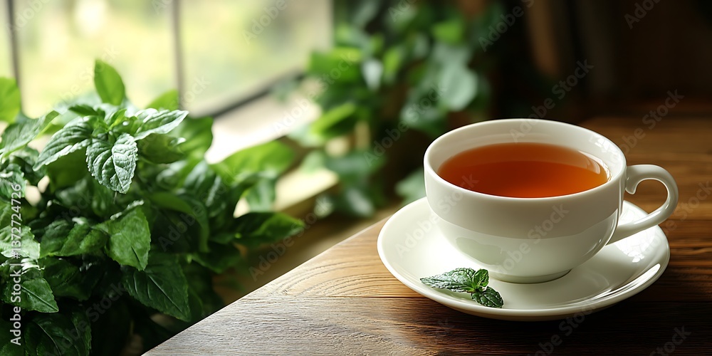 A cup of tea and mint leaves on a wooden surface A cup of tea and mint leaves on a wooden surface