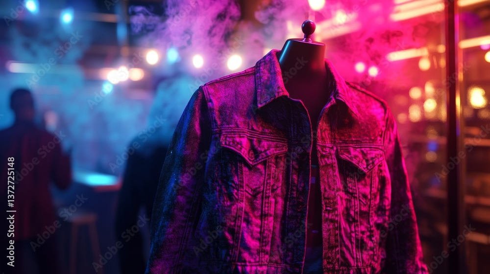 Fototapeta premium Mannequin wearing a denim jacket in a nightclub setting with