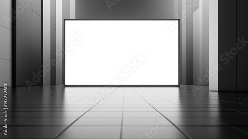 An empty hall features a large white display screen inside