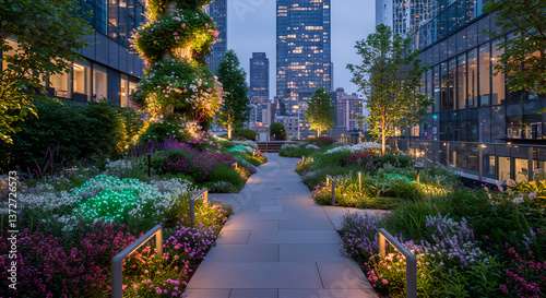 Green rooftops and vertical gardens redefine urban architecture, bringing nature into city. Balance of sustainability, innovation, and modern design enhances evening landscape with backlight
