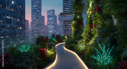 Futuristic city embraces sustainability with rooftop gardens, vertical greenery. Urban landscape merges modern architecture with nature, fostering greener, healthier environment. Path with backlight