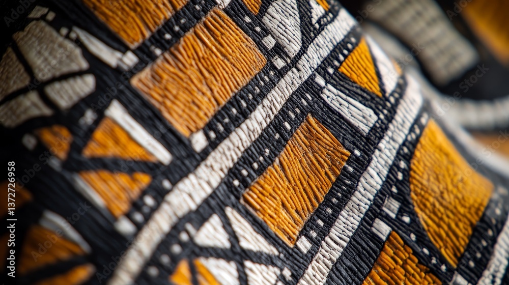 Close-up of patterned textile with geometric shapes in brown black Close-up of patterned textile with geometric shapes in brown black