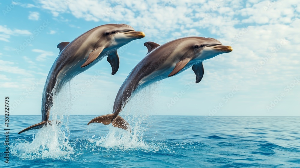 Fototapeta premium Dolphins jumping in ocean marine environment wildlife photography natural setting dynamic perspective