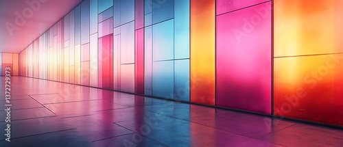 Interior view of a long hallway featuring colorfully paneled walls