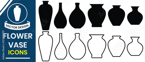 Flower vase icon, vector. Set of vases silhouette, clay vase or clay pot design for room decoration, app, web, logo design. Vector illustration..