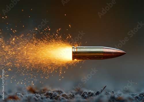 A speeding bullet expelling sparks after being discharged quickly