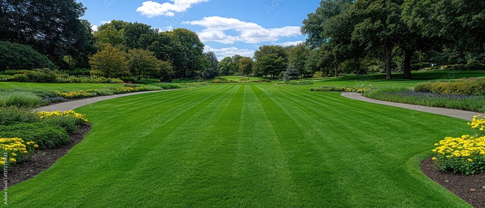Obraz premium Lush green lawn extends to trees under a bright sky. Flowers line a curved path