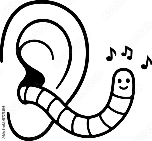 Cartoon earworm funny drawing. Cute worm sticking out from ear and music notes. Isolated vector clip art illustration.