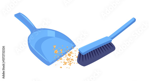 Dustpan and brush sweeping crumbs isolated on white background. Vector cartoon flat illustration. Cleaning tools icon.