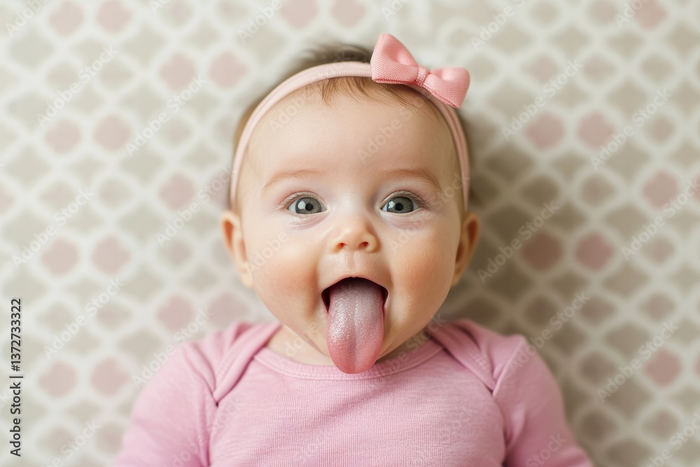 Newborn baby girl in pink sticking out her tongue ultrarealistic photography Newborn baby girl in pink sticking out her tongue ultrarealistic photography