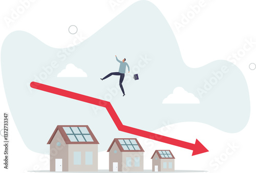 Housing price falling down, real estate and property crash, value drop or decline, home loan or mortgage risk concept.flat character life .