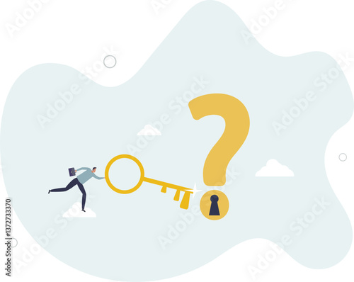 Key to unlock answer for problem and questions, solution or reason to solve problem, wisdom or understanding concept.flat character life .