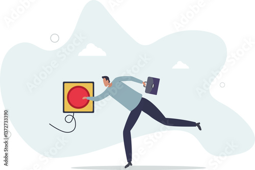 Push button call for emergency help, control or launch rocket, start new business or launch start up company concept.flat character life .