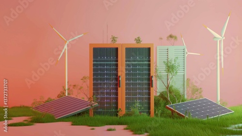 Futuristic and eco-friendly concept with server racks, grass, solar panels and wind turbines