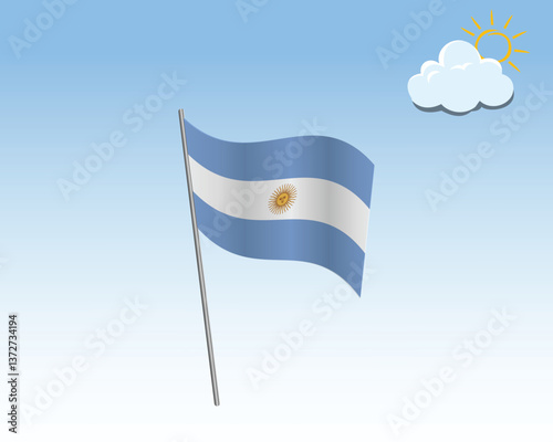Vector realistic illustration of Argentinian flags. flag waving in the wind against a blue sky