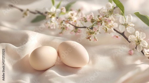 Soft Elegance of Fresh Eggs with Delicate Blossoms on Fabric
