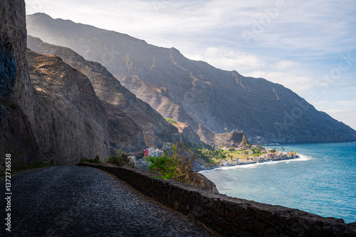 Majestic view over the colorful coasts of Santo Antao island near Vila das Pombas on a sunny morning, Cape Verde