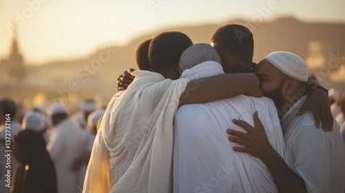 Muslim Pilgrims Embracing in Mecca During Hajj Season at Sunset