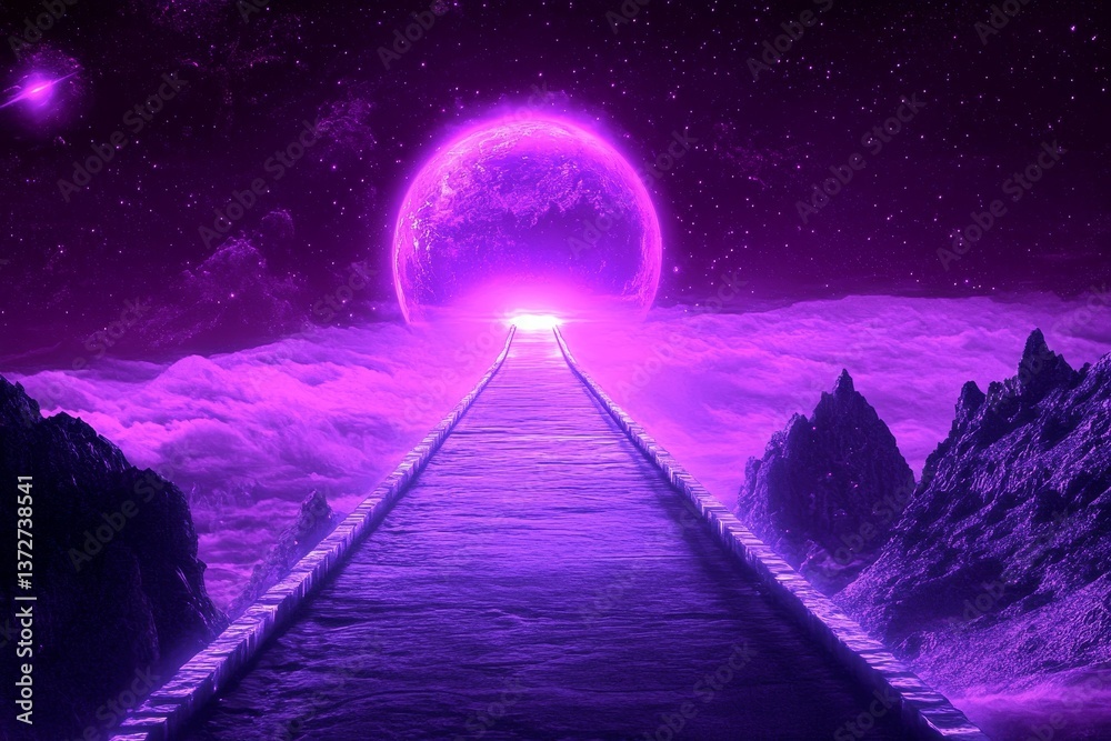 Fototapeta premium A long, glowing bridge connecting two planets, stretching across the vastness of space