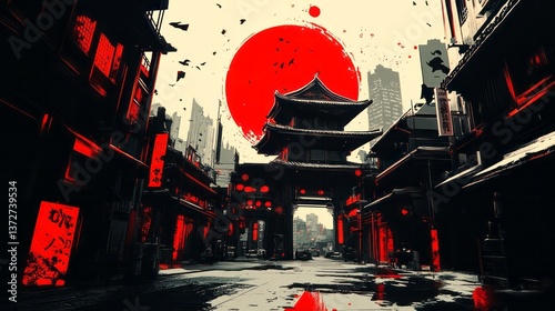 A vibrant japanese cityscape featuring a pagoda beneath a red sun